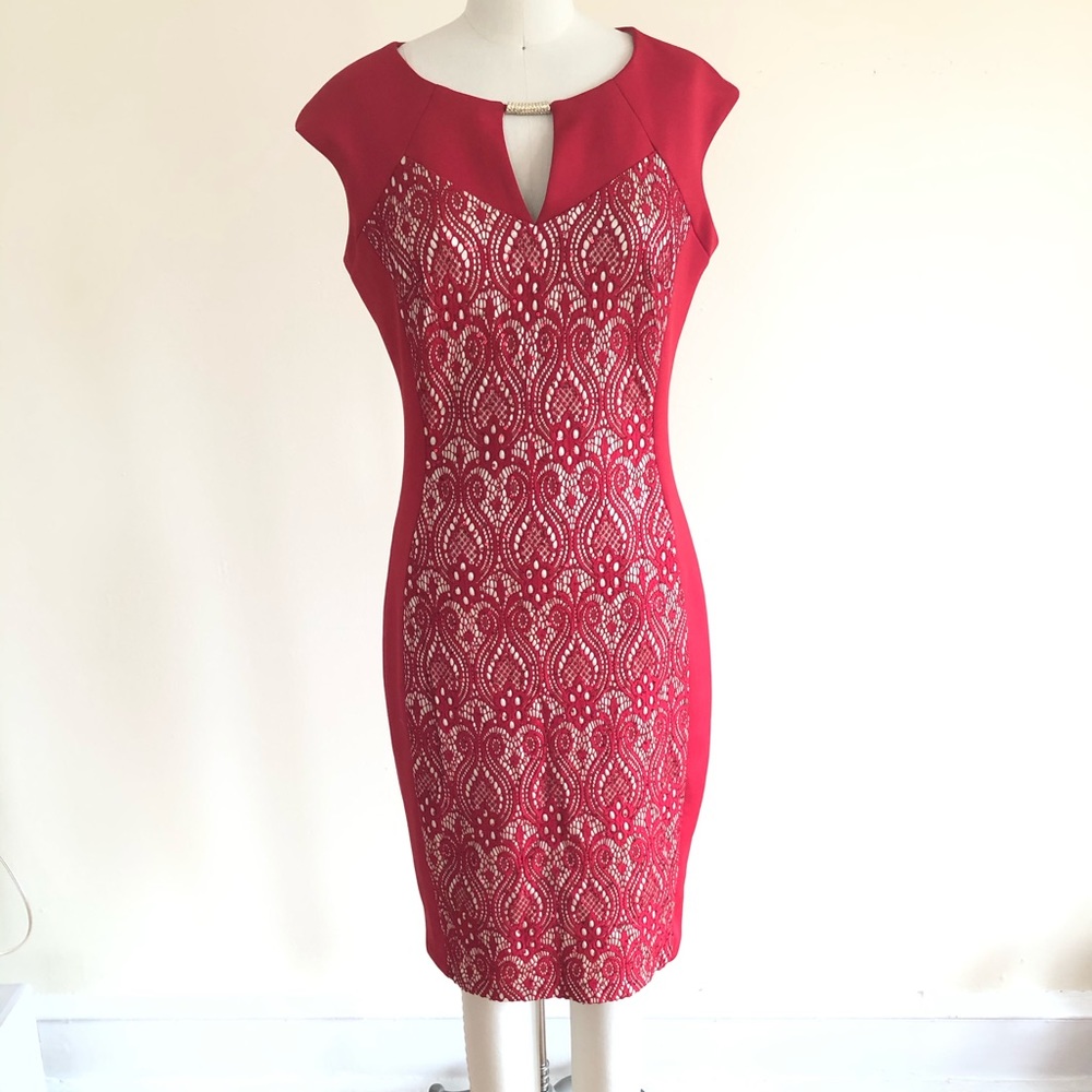 Red lace sequin sheath dress